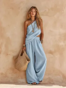 Detailed view of the stylish casual one-shoulder sleeveless top and wide leg trousers set.