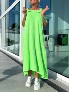 Robe longue d'été pour femme vert néon ample épaules dénudées robe décontractée.