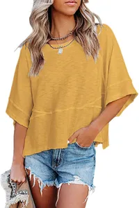 Verano suelto color sólido cuello redondo manga media empalmado top camiseta de mujer