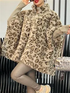 Leopard print faux fur cape coat winter warm fluffy outerwear stylish women's clothing