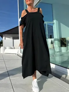 Femme été decontracté noir longue robe epaule denudee bretelle elegante vetement mode