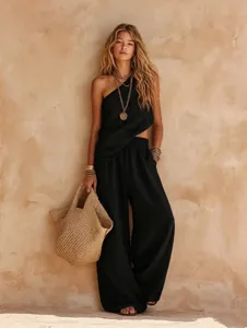 Chic black one-shoulder top and loose pants set, perfect for summer casual daily wear.
