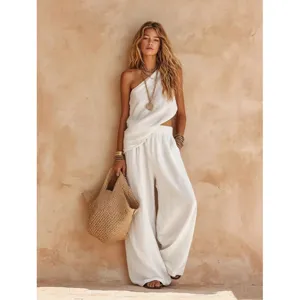 Women casual linen one-shoulder sleeveless top and loose long pants two piece set white.