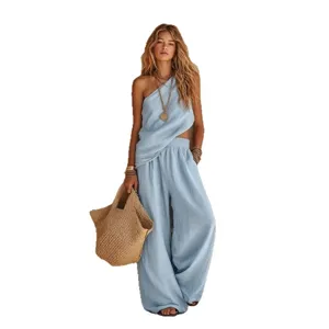 Women one shoulder sleeveless top and wide leg pants linen set casual summer beach outfit