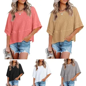 Camiseta Casual de Color Sólido para Mujer Cuello Redondo Media Manga Acampanada Top Holgado