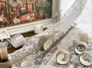 Retro PET lace tape set for journaling DIY, vintage aesthetic decorative stationery.