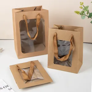 Bolsas de regalo de papel kraft con ventana transparente y asas de cinta elegante