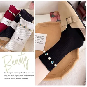 Korean fashion pearl rhinestone mid-tube socks autumn winter casual outer wear socks