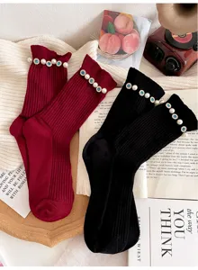 Fashion women mid-tube socks with pearl rhinestone floral cuffs cozy knit warm socks