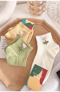 Sweet Japanese style short socks featuring cute 3D tulip embroidery for summer daily wear.