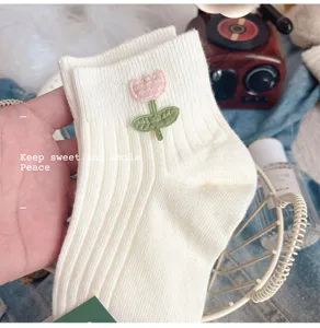 Cute Japanese style women short socks with pink tulip embroidery, soft cotton white casual socks.