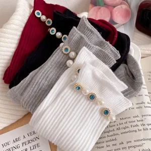 Women's Fashion Casual Cotton Crew Socks Sweet Solid Color Rhinestone Artificial Pearl Decorated Mid-Tube Socks