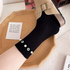 Fashion women black mid-calf socks with pearls and rhinestones, stylish autumn winter wear