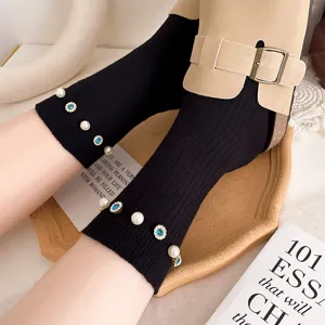 Korean style fashion rhinestone pearl women mid-tube socks autumn winter trendy ins daily wear
