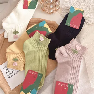 Cute tulip embroidered short socks set, flat lay view featuring colorful cotton ankle socks.