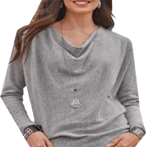 Women Grey Cowl Neck Long Sleeve Top Casual Fall Fashion Stylish Pullover Sweater