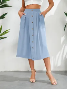 Gonna midi donna casual azzurro chiaro con bottoni davanti vita alta linea A estiva