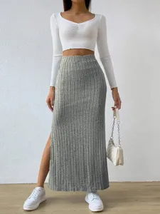 Hohe Taille seitlich geschlitzter schmaler Strickrock für Damen, elegante Sommer Maxirock.
