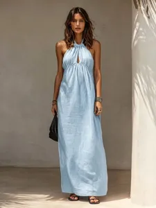 Lässiges einfarbiges Maxikleid mit Halfter für Damen, elegantes Sommerkleid lang.