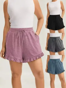 Damen Casual Hohe Taille Gestrickte Shorts Sommer Einfarbig Lockere Passform Rüsche Saum Kordelzug Sportliche Hose