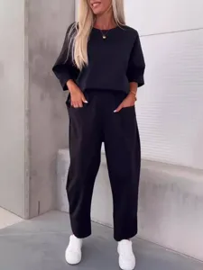 Autumn casual two-piece set women solid crew neck top and cropped pants streetwear outfit