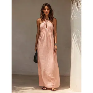 Damen Einfarbig Baumwolle Leinen Halfter Maxikleid Sommer Casual Lange Strandkleid