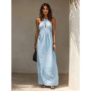 Sommer lässige Damen einfarbige Baumwolle Leinen Halfter Hals lange Maxikleid für Alltag