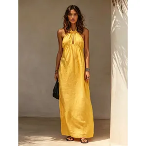 Sommer einfarbig Leinen Halfter langes Kleid, lässig elegante Damen Maxikleid für Strand Party.