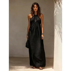 Wunderschönes sommerliches Damen einfarbiges langes Leinen Halfterkleid, elegant casual.