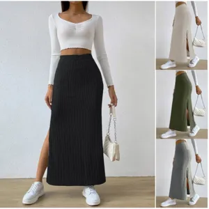 Damen Hohe Taille Seitenschlitz Slim Knit Rock Unifarben Elastische Taille Midi Rock Lässige Elegante Lange Röcke Für Damen