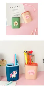 Cute cartoon pen holder desktop organizer detail showcasing compartments and cute silicone decor.