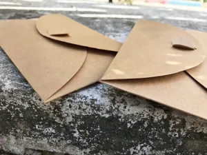 Gedetailleerd overzicht van retro kraftpapier enveloppen met uniek klepontwerp voor knutselen.