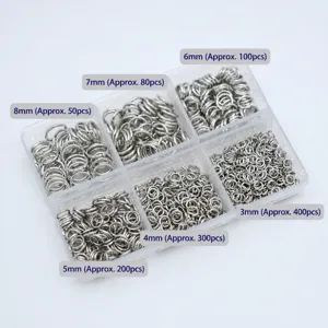 Vista detallada del juego de anillas de salto de 6 compartimentos de 3mm a 8mm para joyería DIY.