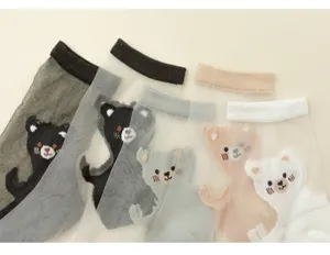 Transparent crystal silk socks for women, cute cartoon animal design, thin summer wear.