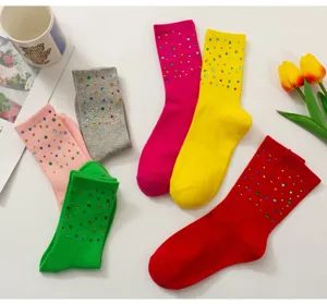 Colorful rhinestone mid tube socks for women trendy sparkling cotton knit everyday fashion
