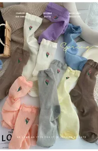 Cute floral embroidered mid-calf socks for women, vintage style ribbed cuff cotton casual socks.