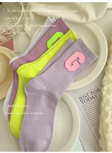 College style mid tube socks for women with fashion letter patch daily casual wear