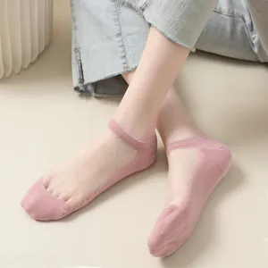 Summer transparent sheer crystal socks for women, wave edge short socks with breathable cotton.