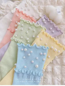 Sweet candy color frilly lace ribbed mid tube socks with pearl embellishments for women spring