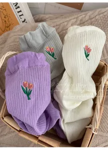 Cute tulip embroidered mid-calf socks for women, sweet ruffed edge design, comfortable cotton daily wear.