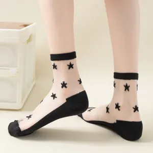 Women sheer star crew socks crystal silk summer thin breathable anti-slip cotton sole
