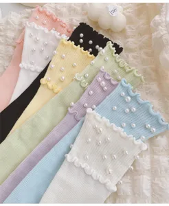 Candy color pearl ruffled mid-calf socks sweet cotton knit slouch socks for women daily wear