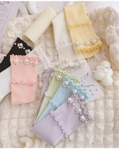 Damen süße Perlen gerüßte Wadenstrümpfe süßer College-Stil Baumwollsocken für den Alltag