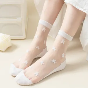 Women Japanese style sheer crystal silk crew socks thin breathable summer white star embroidery