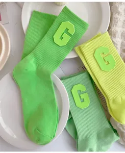 Spring summer neon green women socks college style with letter G patch daily wear casual hosiery