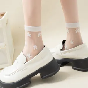 Japanese style sheer glass silk crew socks with white floral patterns for women