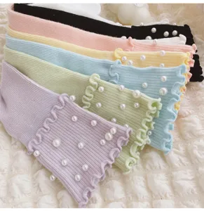 Women ruffle lace mid-tube socks with elegant faux pearls, sweet candy colors slouch socks.