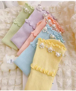 Damen Perlen Rüschen Socken Lolita JK süße niedliche mittlere Strümpfe bunte tägliche Mode