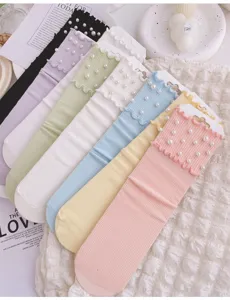 Candy color pearl ruffled mid tube socks, sweet style ribbed cotton casual stacking long socks.