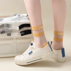 Women Crystal Silk Short Socks Summer Thin Breathable Anti Slip Cotton Bottom Stripe Letter Casual Socks